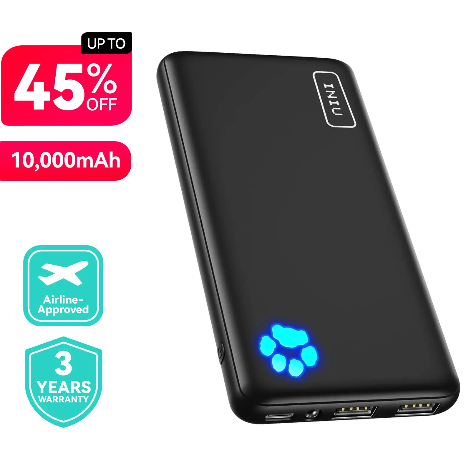 INIU 10000mAh Compact Li-ion Portable Charger Power Bank - Slimmest 5V/3A USB-C In&Out, Micro USB, Fast Charging Phone Accessories with Flashlight, Travel Battery Pack for iPhone 17-13, Samsung S25-S24, Black Smartphone Emergency Phone Charger for Devices