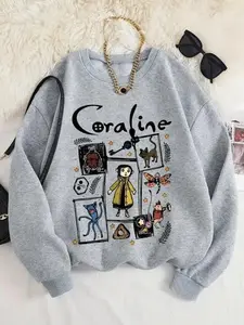 [Sale Up To 30%] + [Free Ship] Women'S Cartoon Coraline Graphic Print Crew Neck Sweatshirt