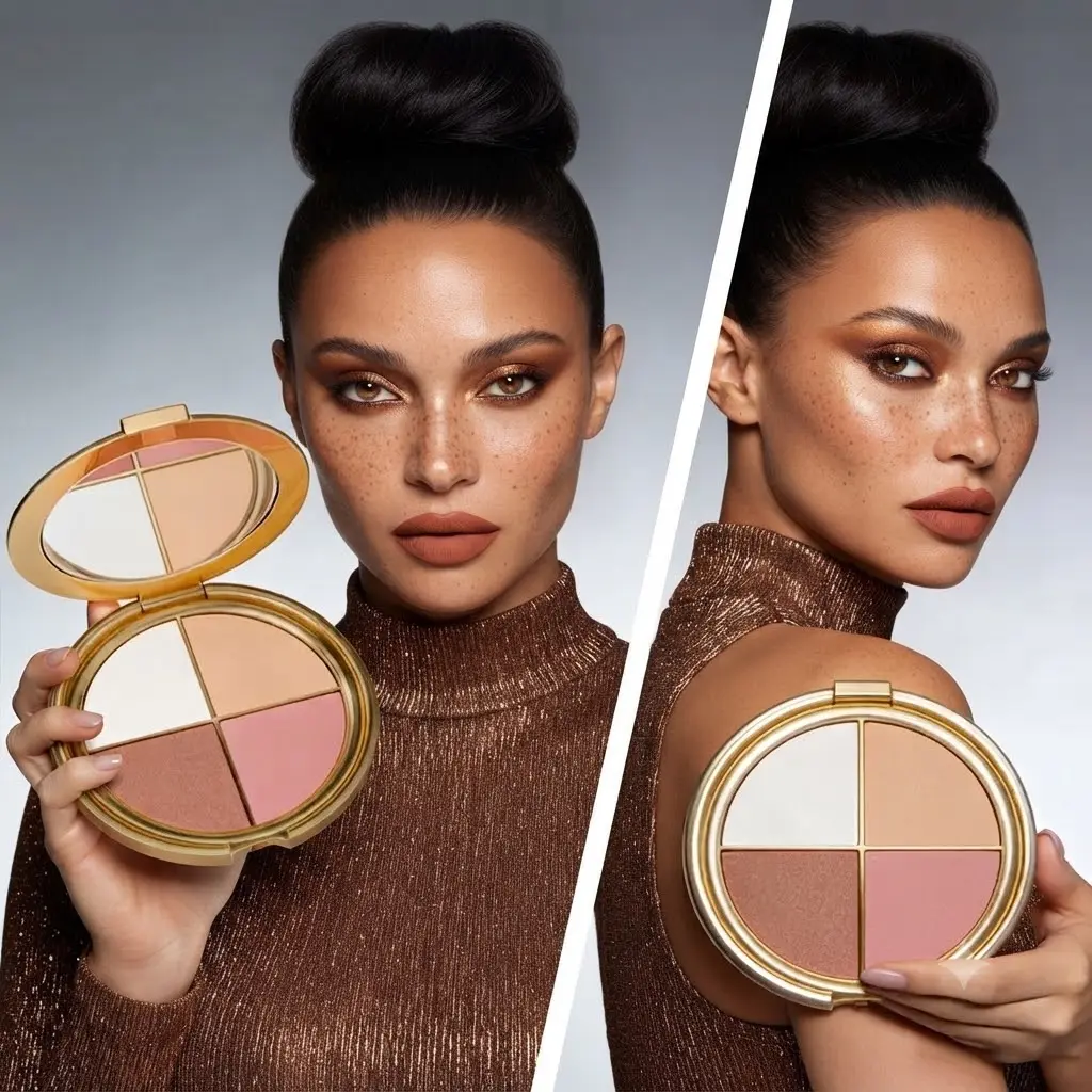 4-in-1 Facial Make Up Palette with Eyeshadow, Blush, Contour & Highlighter, Long-Lasting Silky Formula for a Dewy Glow, For All Skin Tones, Flawless