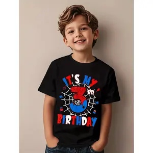 Kids' 3rd Birthday Spider-Themed Party T-Shirt | Black Casual Summer Tee with Red & Blue Web Design, Perfect for Celebrations & Casual Attire, Playful Kids Fashion, Crew Neck, Regular Sleeve