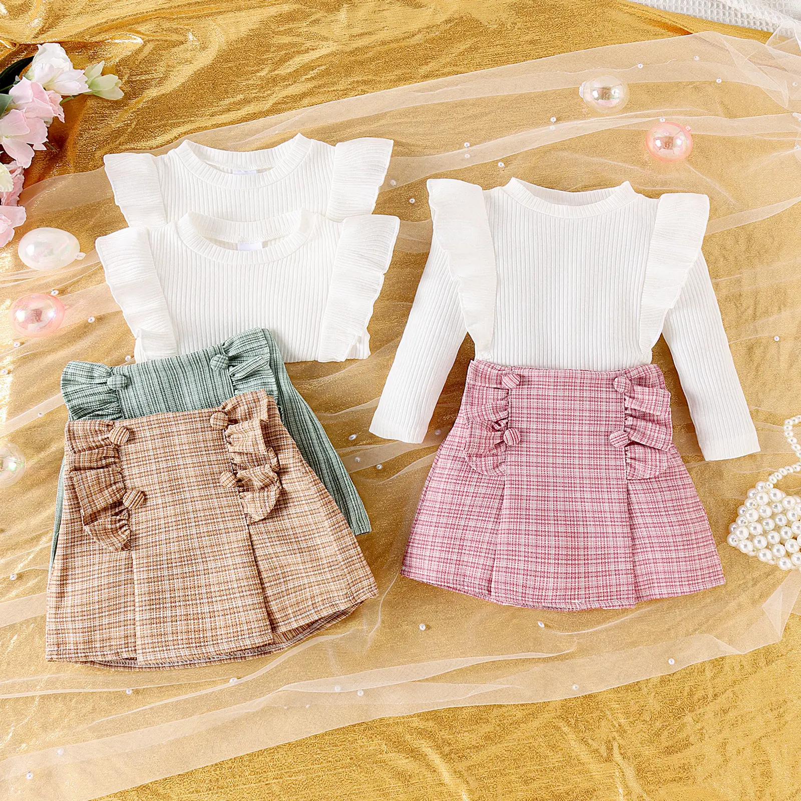 Toddler Baby Girls Fall Winter Clothes Outfits Skirt Set Long Sleeve Ruffle Ribbed Tops+ A-line Plaid Skirt Set