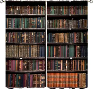 Bookshelf Curtains, Vintage Library with Books Window Treatments for Kids Bedroom, Wooden Wooden Antique Bookcase Drapes 2 Panel Sets,52x84 Inch Blackout
