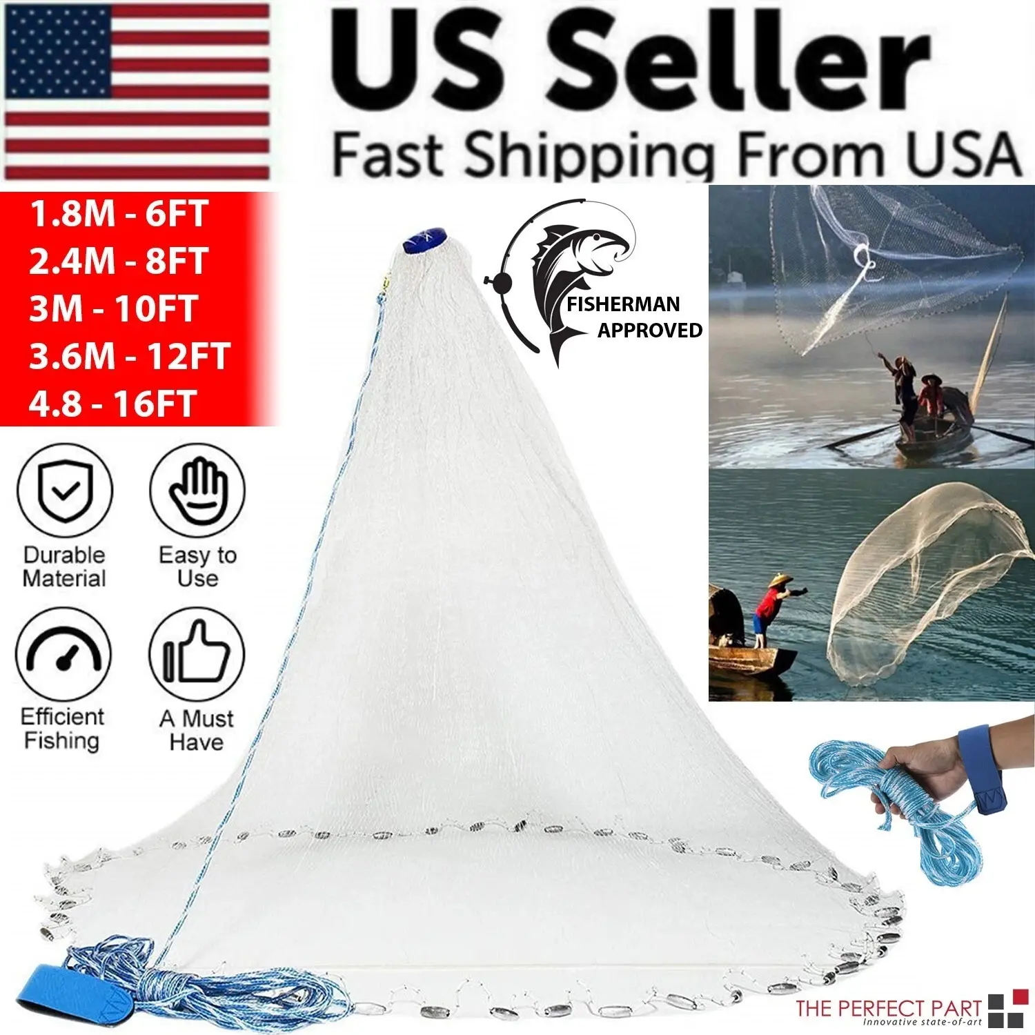 Fishing Cast Net, 6/8/10/12/16FT Strong Nylon Mesh Easy-Throw Hand Cast Bait Net for Fishing (USA)
