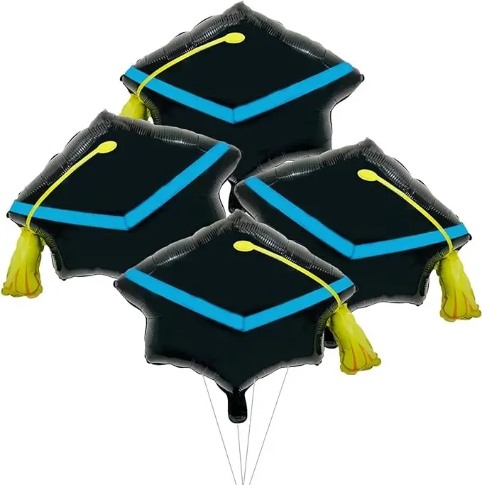 4 Pieces 22 Inches Black Graduation Cap Balloons, Large Academic Cap Shaped Mylar Foil Balloons with Tassel Design, Grad Hat for Class of 2024 Graduation Ceremony or Party Decorations