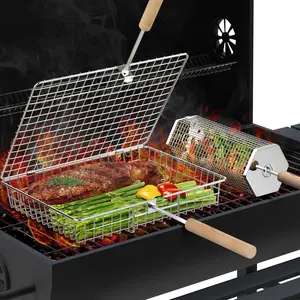 ivtivfu Grill Basket Set 2PCS with Removable Beech Wood Handle 304 Stainless Steel Heavy Duty Rectangular & Hexagon BBQ Tools for Vegetable Shrimp Outdoor Camping Kitchen Barbecue Cooking Gifts for Men Dad Husband - Utensils Cover