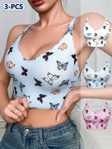 3pcs Women's Sexy Padded Cami Tops with Built-In Wireless Bra - Butterfly Lace Design, Adjustable Thin Straps & Cross-Back Detail, Removable Padding, Light Blue/White/Pink, Machine Washable, Bikini Top, Butterfly Pattern, Lace Detailing, Breathable Fabric