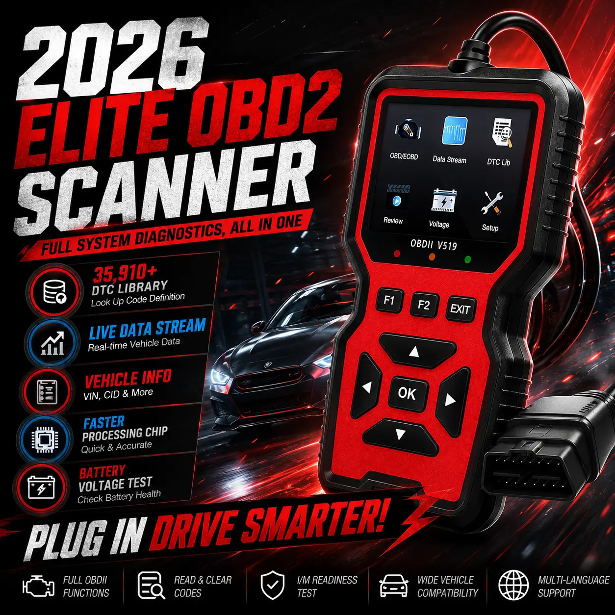 V519 Custom Universal Car OBD II Diagnostic Scanner with 35,910 DTC Library Live Data Stream & Battery Voltage Test for Efficient Car Fault Detection  #Summervibes