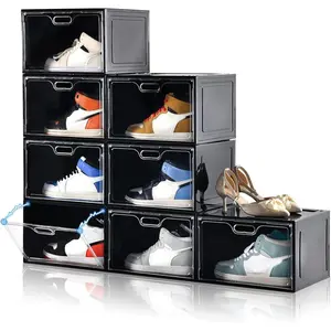 8 Pack Shoe Boxes Black Stackable, Large Shoe Organizer,Drop Side Front Shoe Containers for Entryway,Sneaker Fit up to US Size 13 for Men/(13’’x 10.6"x 8.3")