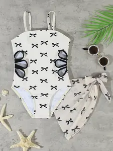 Girls' Bow Print One-Piece Swimsuit with Matching Skirt, Fashion Casual Two-Piece Set, Bow Swimwear, Summer Vacation