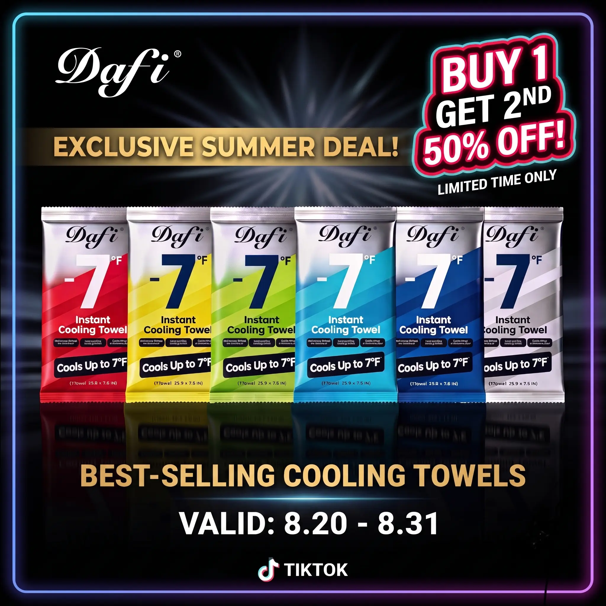 DAFI Instant Cooling Sports Towel - Portable, Extra-Long, Machine Washable, Cools Up to 7°F, Multi Colors Including Energy Red, for Hot Yoga, Trail Running, Concerts