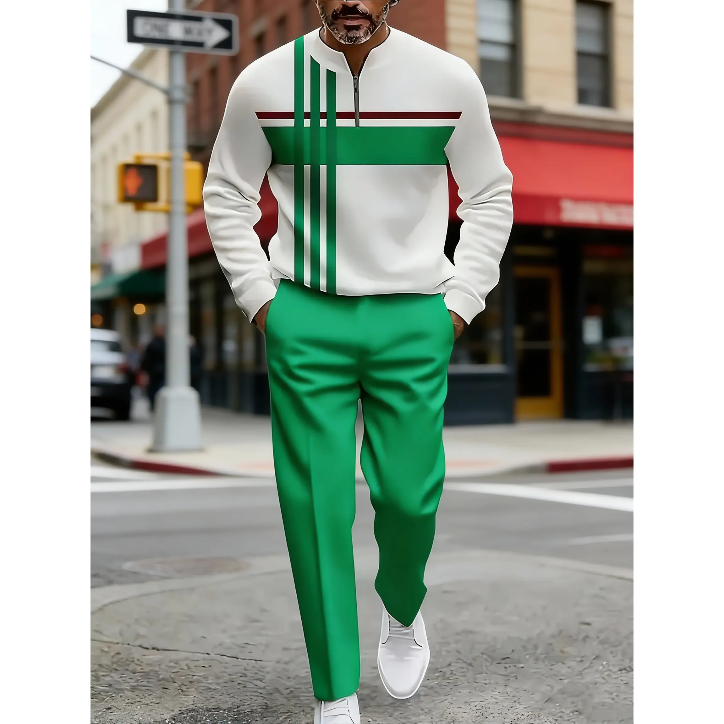 Colorblock Suits Men's Modern Color-Block Track Suit - Half-Zip Stand Collar & Geometric ...