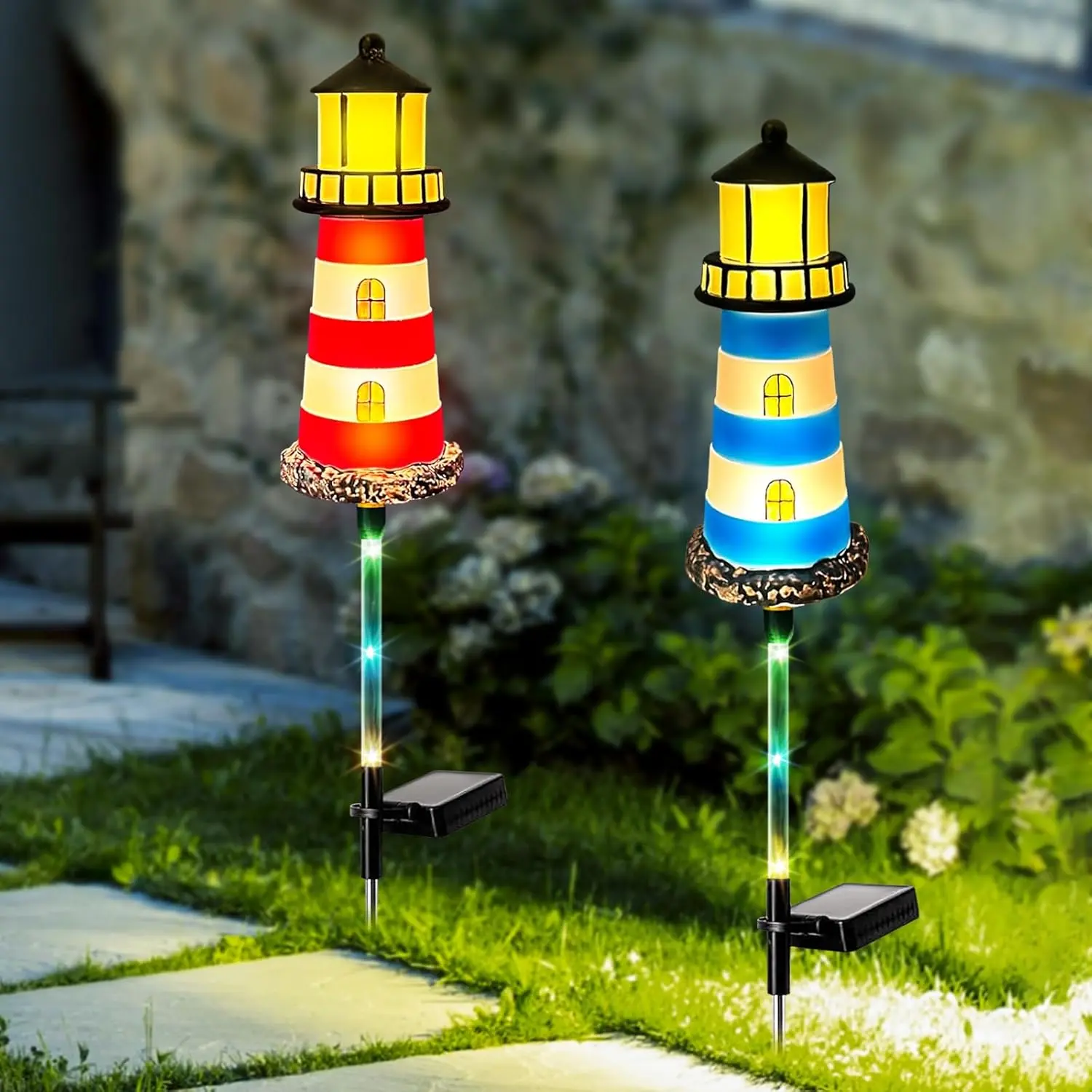 Solar Lights Outdoor ,2 PCS Lighthouse Solar Outdoor Lights,IP65  Pathway Transparent Tube Lighthouse with 7 Color Gradients, for Your Home Patio Walkway Lawn Decor