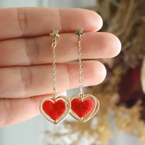 Red Heart Dangle Earrings: Micro Crochet, 14k Gold Plated Valentine's Day gift