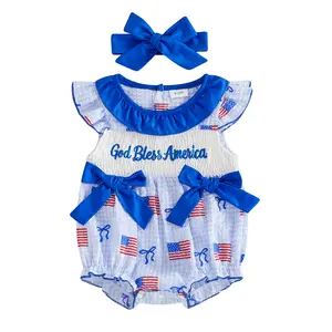 Infant Baby Girl 4th of July Outfits America Flag Plaid Print Letter Embroidery Flying Sleeve Romper + Headband 0-18 Months