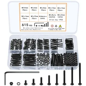 615 count M2 Screw Assortment, M2  and Nuts Kit, Hex Socket Button  Cap Screws and Nuts and Washers Set, Metric Machine Screw Assortment Kit, Small Black Assorted Screws Nuts
