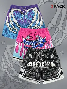 3-Pack Y2K Street Style Shorts, Skull Heart, Flame New York, Paisley Brooklyn, Breathable Mesh, Bold Print, Comfortable Summer Men's Shorts