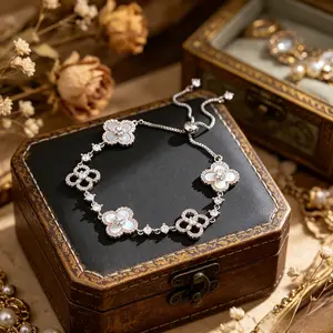 Elegant Clover Bracelet for Women, 14K White Gold Plated Shell Clover Charm Bracelet with Sparkling Zircon, Adjustable Slider Chain, Dainty Lucky Jewelry for Bridal Wedding, Party, Everyday Wear, Ideal Gift for Her