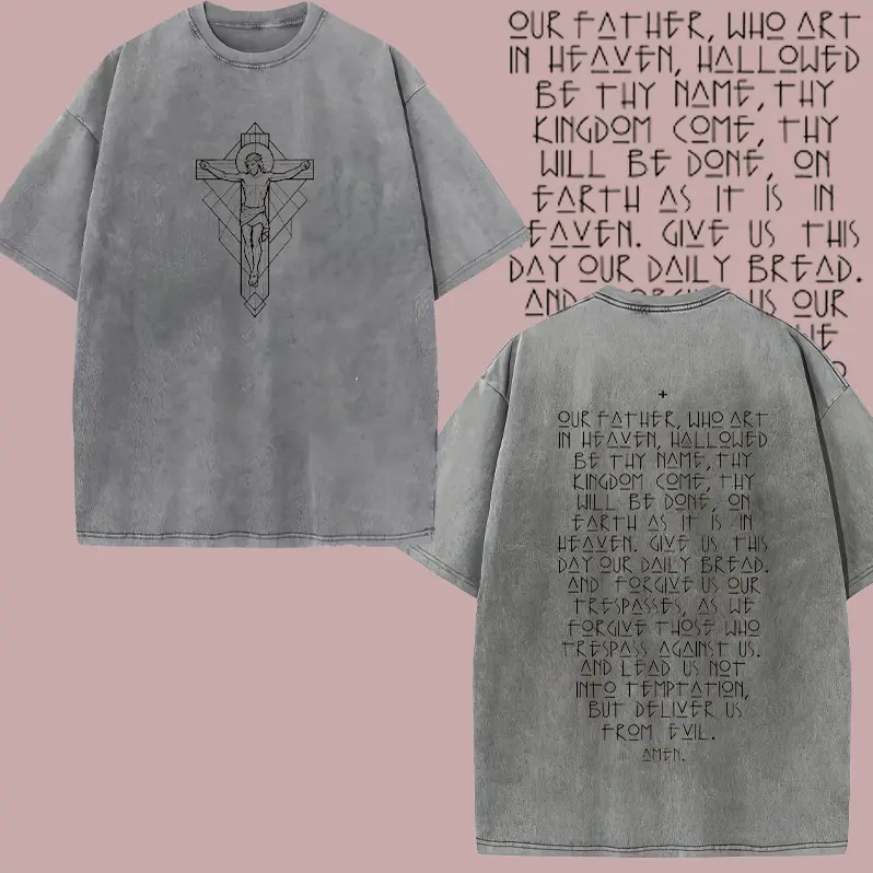 Vintage Washed Graphic T-Shirt, Men's Lord's Prayer 230gsm Cotton Fabric, Oversized Relaxed Fit Casual Streetwear Apparel, Printed, Tshirt