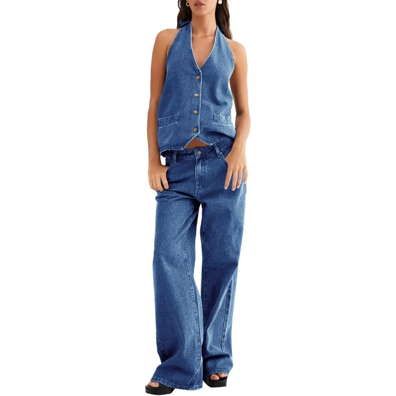 TANKANEO  Women's Two Piece Denim Set Button Down Backless Tank Top and Wide Leg Jeans 2 Piece Outfit Suits Womenswear Sleeveless