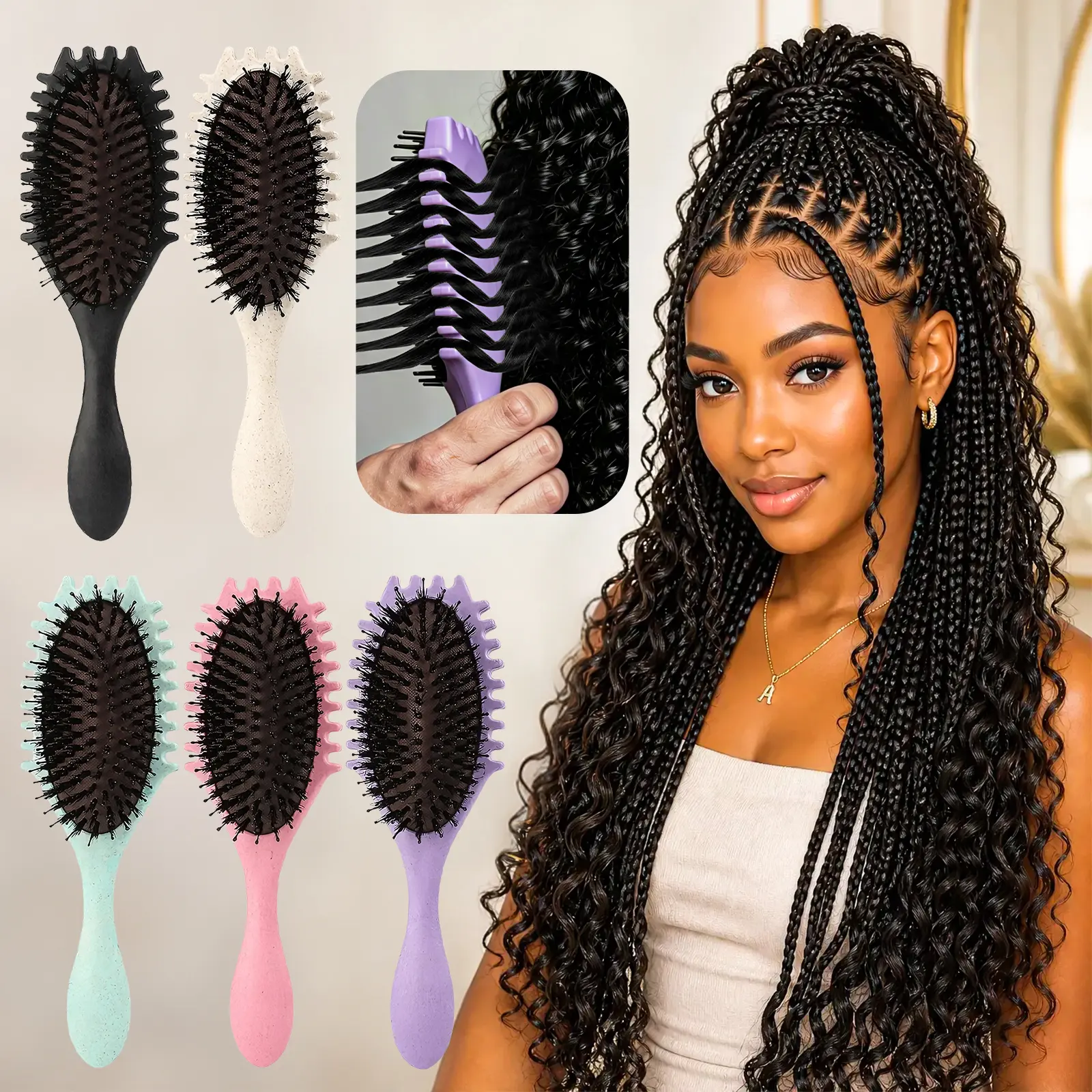 Curl Defining Brush - Bristle Brush Comb, Coily Hair Tool for Bouncy Curls Suitable for All Hair Types