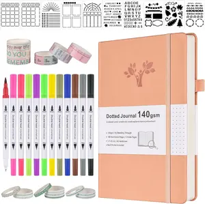 Dotted Journal Kit, 140gsm Hardcover A5 Dotted Journal with 188 Numbered Pages and 3 Index, 12 Brush Pens Dual Tip, 10 Stencils and 14 Washi Tape for Women Men Teen Girls, Pink