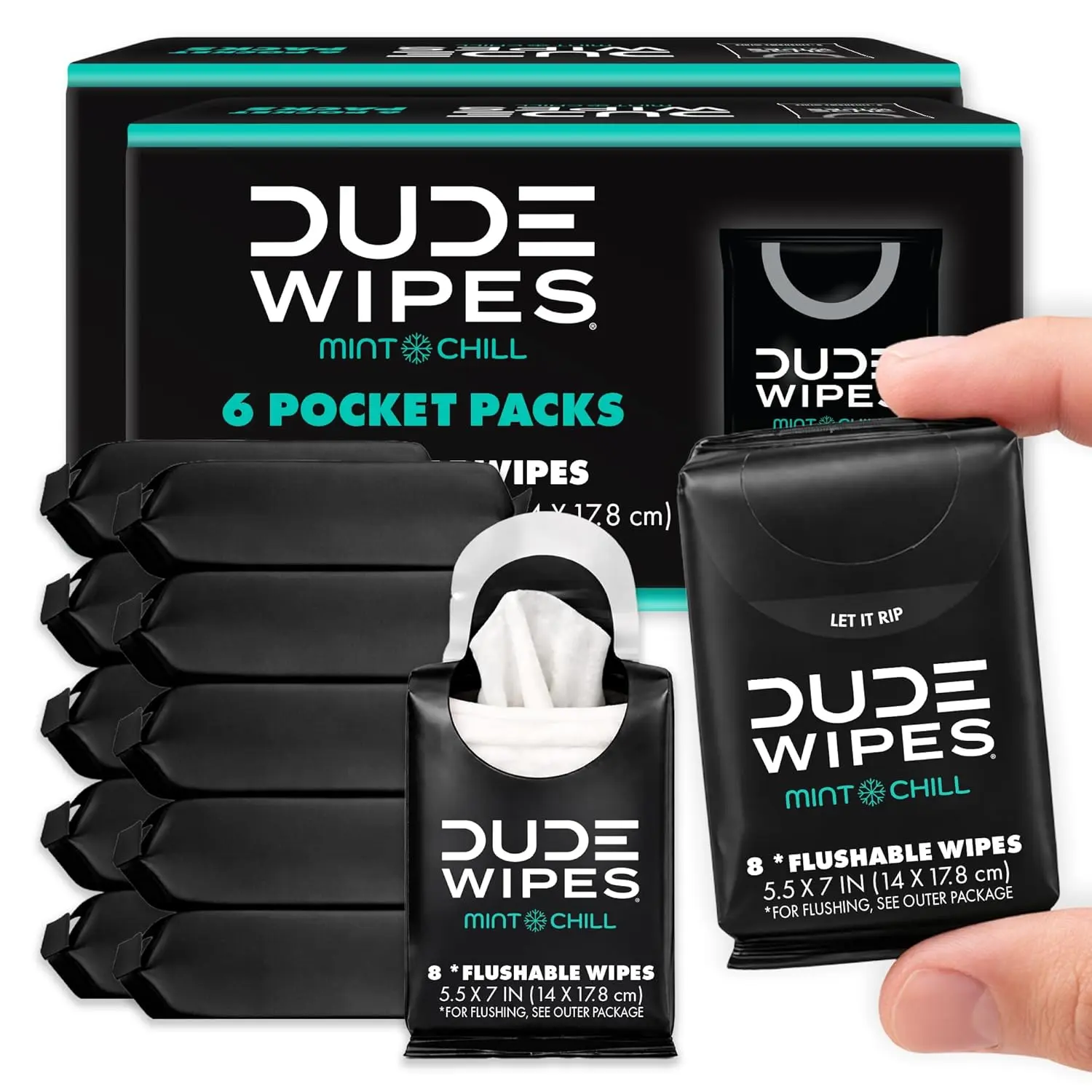 DUDE Wipes Mint Chill Pocket Packs, Adult Flushable Travel Wipes, 96 Count | 12 pocket packs of 8 flushable butt wipes. Travel essentials. 99% water, tea tree oil, vitamin E and aloe. Septic safe.