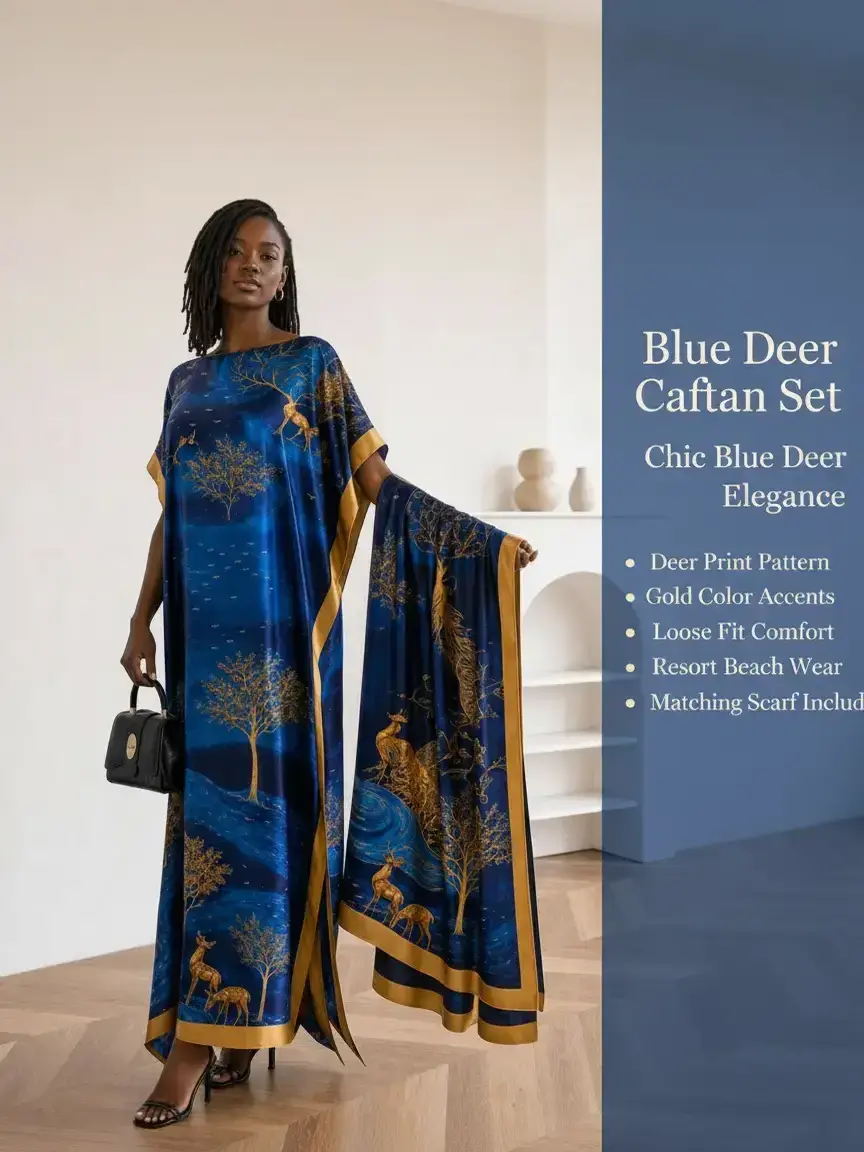 MuuMuu Muse Women's Elegant Soft Drape Blue Golden Tree Deer Print 2-Piece Moomoo Dress & Matching Scarf Set, Comfortable Casual Loose Caftan Robe, Resort Beach Cover Up