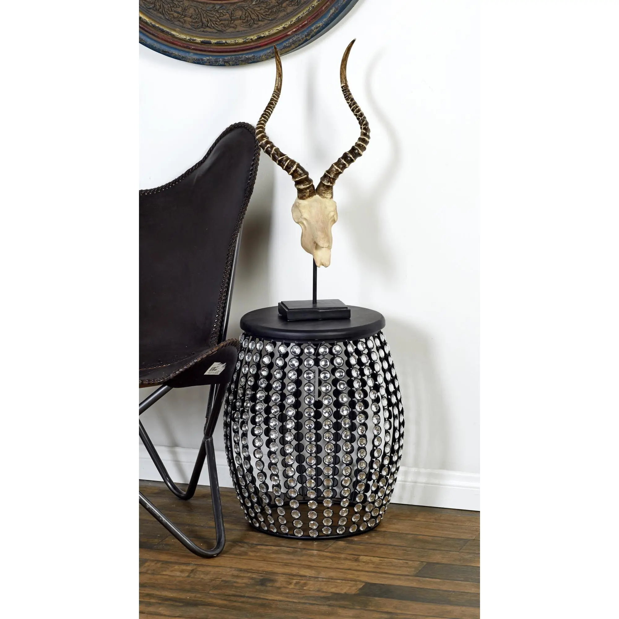Modern Glam Metal Build Open Frame Barrel-Shaped Indoor Accent Side End Table - Crystal Accents, MDF Base, 16l x 16w x 19h in, 100 lbs Capacity, 10.50 lbs, Compact, Living Room Use, Indoor Only, Fully Assembled, Carton Packaged