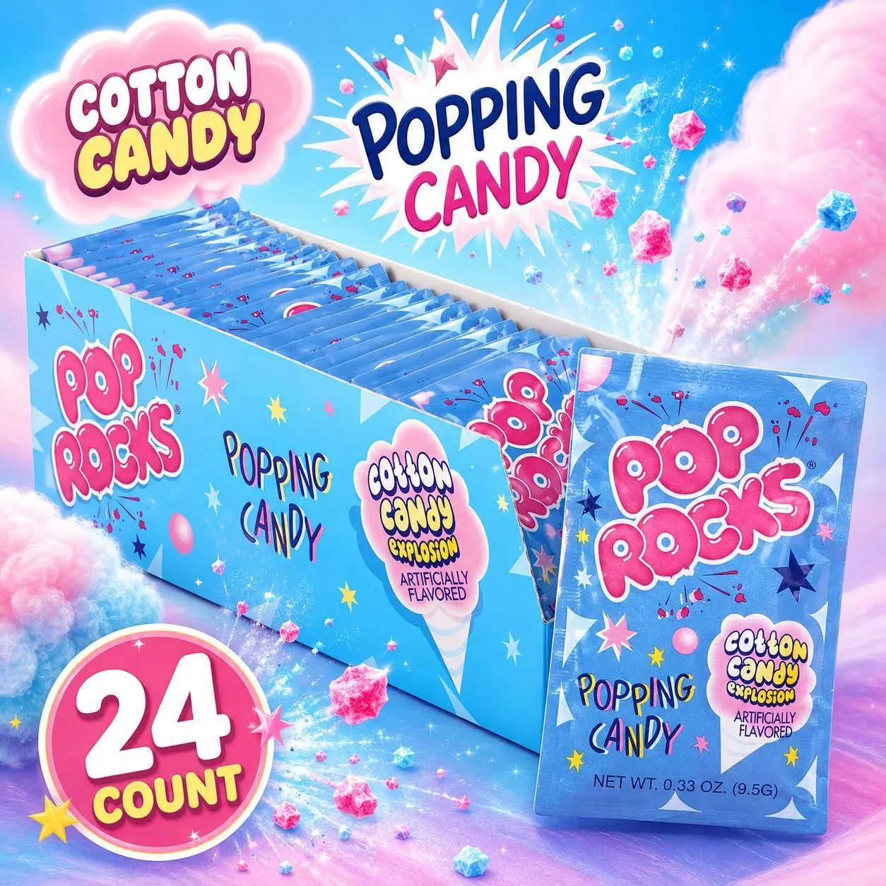 Pop Rocks Cotton Candy Popping Candy, 24-Count Fizzy Party Treats