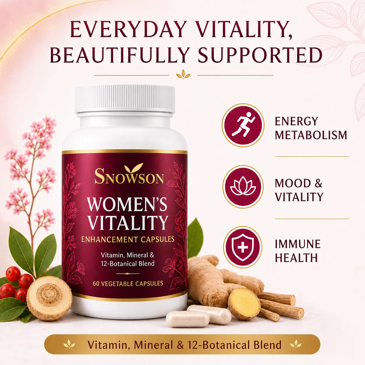 SNOWSON Women’s Vitality Capsules with Maca, Ashwagandha, B Vitamins & Zinc – Daily Energy, Mood & Wellness Support – 60 Vegetable Capsules