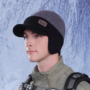 Unisex Winter Beanie Hat with Visor Ear Flaps Fleece Lined Thermal Knit Skull Cap for Outdoor Activities Skiing Snowboarding Hiking Cold Weather Warm Windproof Cap