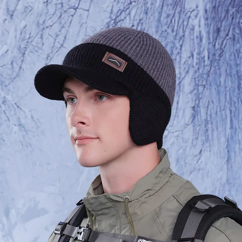 Unisex Winter Beanie Hat with Visor Ear Flaps Fleece Lined Thermal Knit Skull Cap for Outdoor Activities Skiing Snowboarding Hiking Cold Weather Warm Windproof Cap
