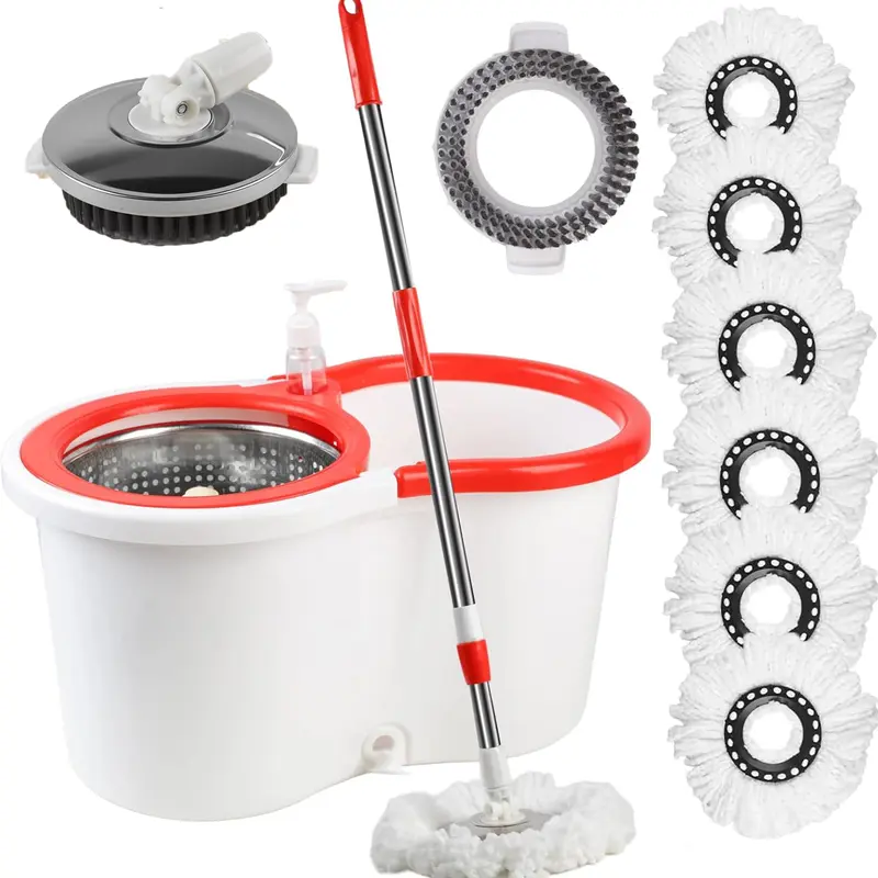 Upgraded Microfiber Cleaning Spin Mop and Bucket Set - Sturdy Stainless Steel Handle, Hand-Push Easy Wring System, 360° Swivel, 6 Refills, Floor Cleaning Supplies, Works on Tile, Laminate, Hardwood, Mother's Day Gift, Microfiber Cleaning Mop, Spin Mop Ref