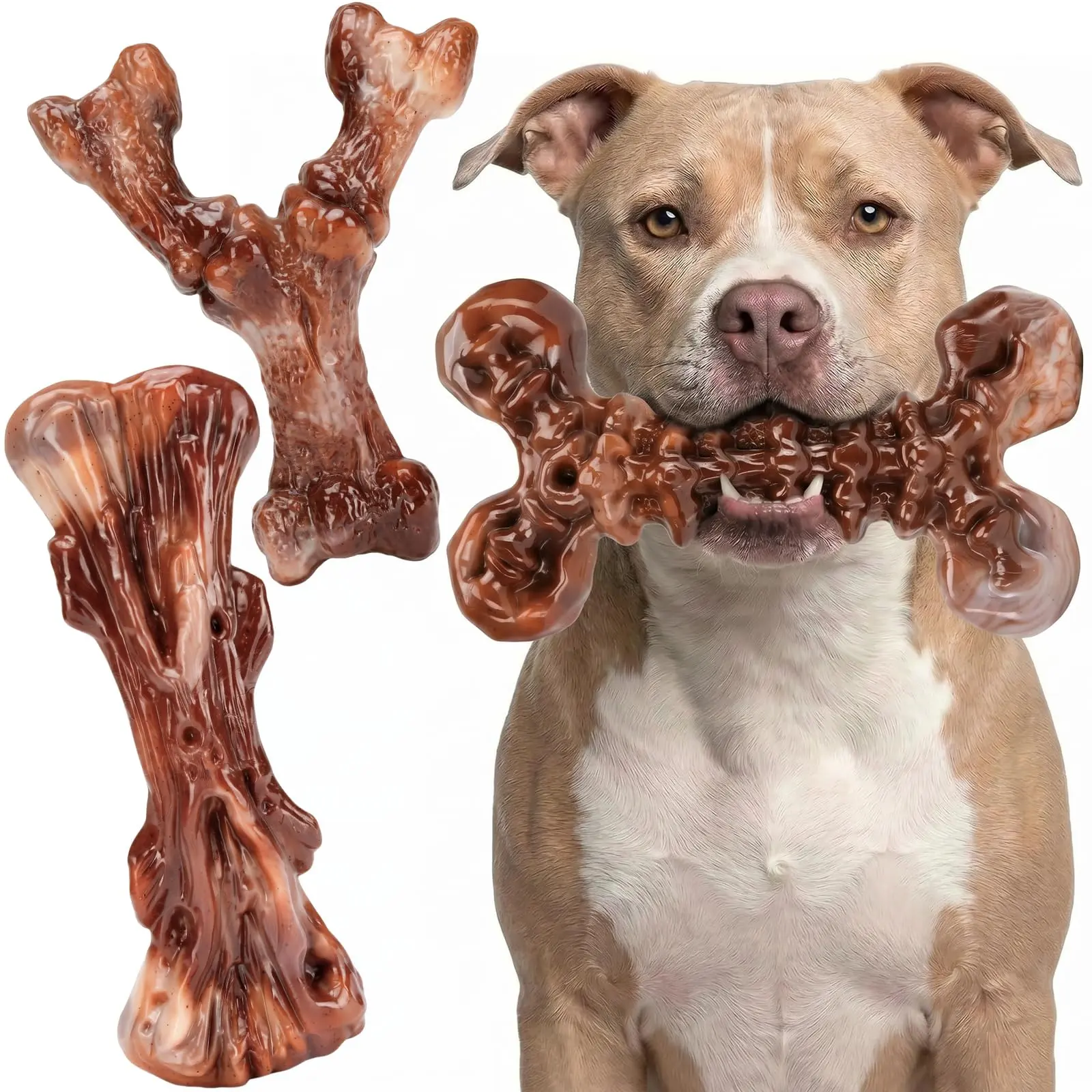 3-Pack Indestructible Dog Chew Toys for Aggressive Chewers: Bacon Flavored Rock-Hard Solid Nylon, Tough Dog Bones for Medium/Large Dogs 25-90lbs, Heavy Duty Dog Toys to Keep Them Busy, Brown-XL