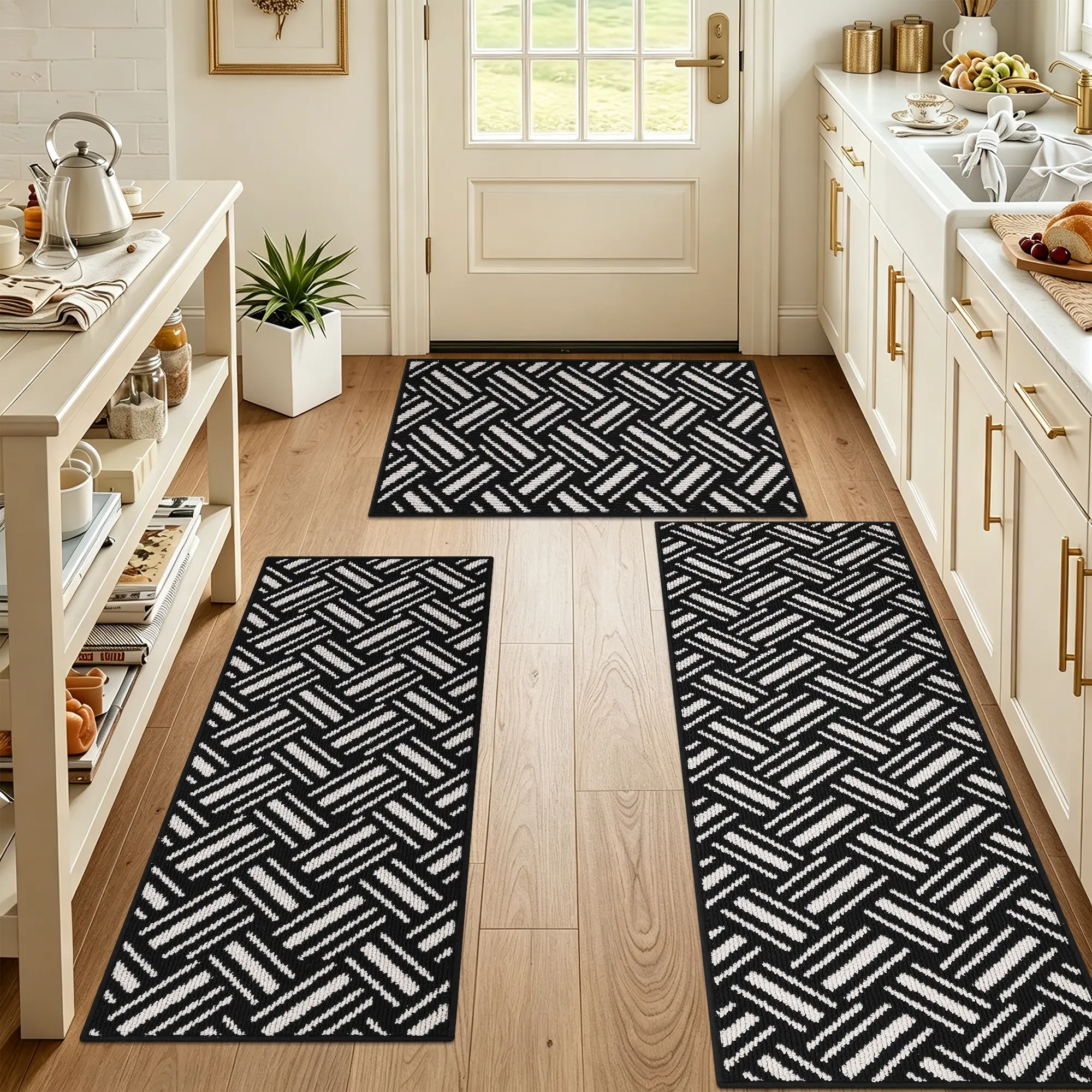[Summer Sale Deals] HEBE 3-Piece Washable Kitchen Mat Set with Red Non-Slip Rubber Backing, Including Kitchen Runner Rug, Ideal for Winter Holiday Home Decor, Laundry Room Use,back to school,dorm essentials,home essentials