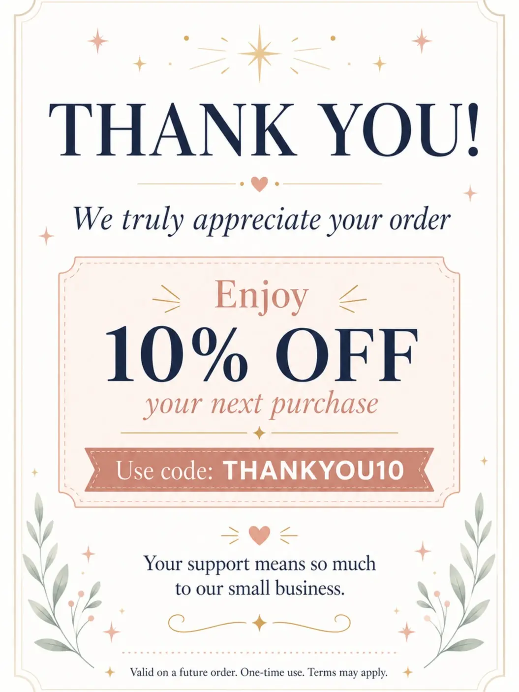 Thank You Coupon Card, 10% Off Next Order Insert Card, Small Business Appreciation Note, Printed Customer Thank You Card With Discount Code