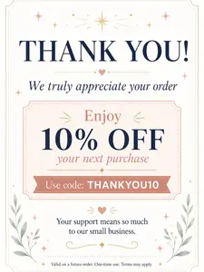 Thank You Coupon Card, 10% Off Next Order Insert Card, Small Business Appreciation Note, Printed Customer Thank You Card With Discount Code
