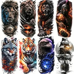 8 Sheets Fashion Cool Lion Warrior Owl Temporary Tattoos, Long-Lasting Realistic Tiger Wolf Pirate Ship Fake Tattoo Stickers, Waterproof Forearm Sleeve Decals