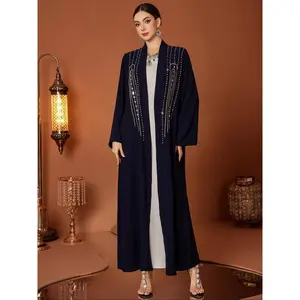Deep Blue Beaded Abaya Robe, Arabic Style Long Coat, Silver Color Rice Pearls and Pearl Decoration, Elegant Women's Outerwear, Islamic Abaya