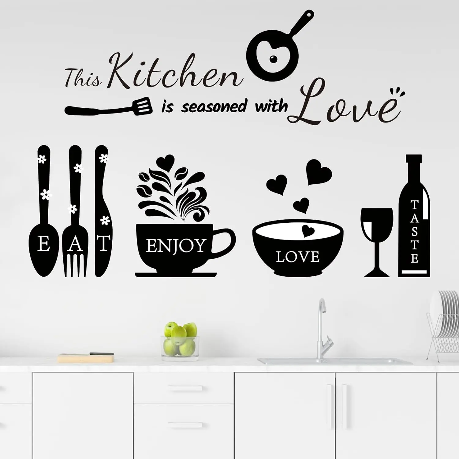 Kitchen Wall Stickers Decals Decor Seasoned with Love Quotes Utensil Art for Home Dining Room Coffee Shop Decorations