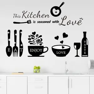 Kitchen Wall Stickers Decals Decor Seasoned with Love Quotes Utensil Art for Home Dining Room Coffee Shop Decorations