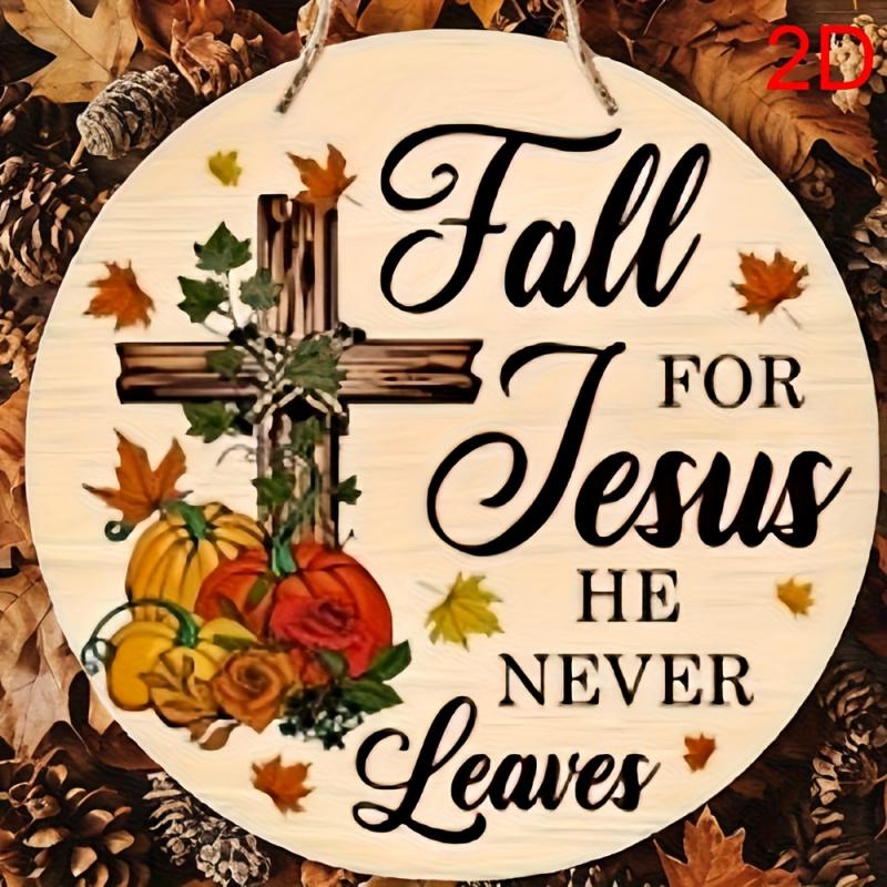 1PC "Love Jesus" Round Hanging Ornament - Artificial Wooden Autumn Decoration with Cross, Pumpkin and Rose, No Electricity Needed Wall Art, Suitable for Home, Porch, Thanksgiving and Christmas Religious Home Decoration, Rustic Style Design, Seasonal Decor