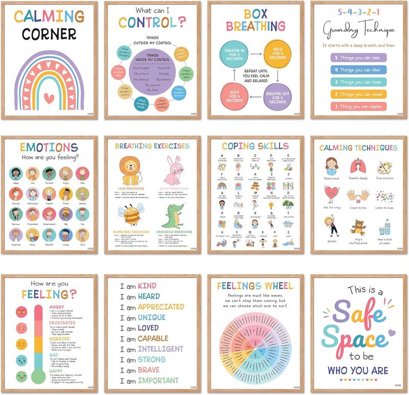 Hartsellshop Emotional Intelligence Posters 12 Calming Corner 10x14 Mental Health Emotions Chart for Kids Durable Laminated Classroom Homeschool Decor for Emotional Regulation Back to School 2025 Mental Health Visual Learning Tools