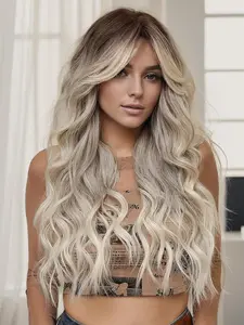 26 Inch Ombre Long Wavy Wigs for Women, Gorgeous Fluffy Wigs with Bangs, Synthetic Wigs for Party, Daily Use, Machine Made Wigs