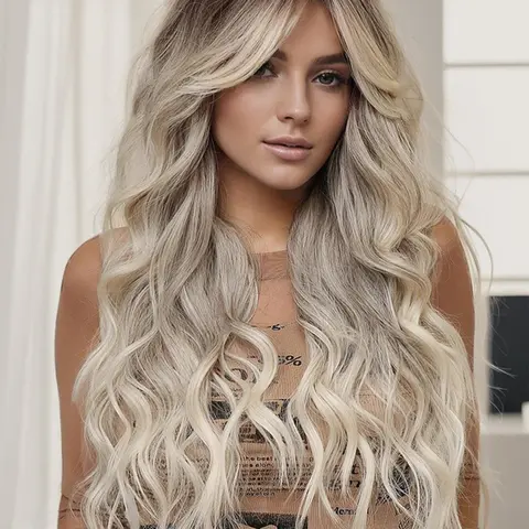 26 Inch Ombre Long Wavy Wigs for Women, Gorgeous Fashion Fluffy Wigs with Bangs, Synthetic Wigs for Party, Daily Use, Machine Made Wigs, Synthetic Hair Wigs