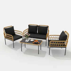 4-Piece Outdoor Patio Set with Table, Boho Rattan L-Shaped Sofa, Metal Frame, Black