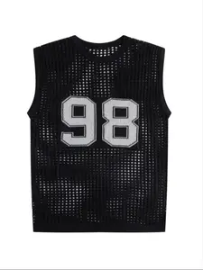 Black Hollow Out Knit Vest,Men's Summer Hollow Out Knit Vest, Crew Neck 98 Number Print Sleeveless Top, Casual Regular Fit Streetwear for Daily & Basketball Style