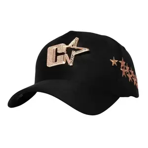 Cash Only Stylish Black Baseball Cap with Rose Gold Stars and Rhinestone Logo Adjustable Fit for Women and Men