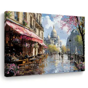 Room Decoration 1 Piece Paris Street Scene Canvas Painting, Wooden Frame, Fabric Print, for Home and Office Decoration, Bachelorette Party Gift