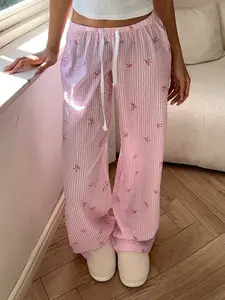Women's/Teenager Girl's Pink and White Striped Wide-Leg Pants, all-over floral print with bow details, sweet and girly style, high-waisted drawstring design, lightweight fabric suitable for home, casual wear, and beach outings. Y2K style bow-detail printe